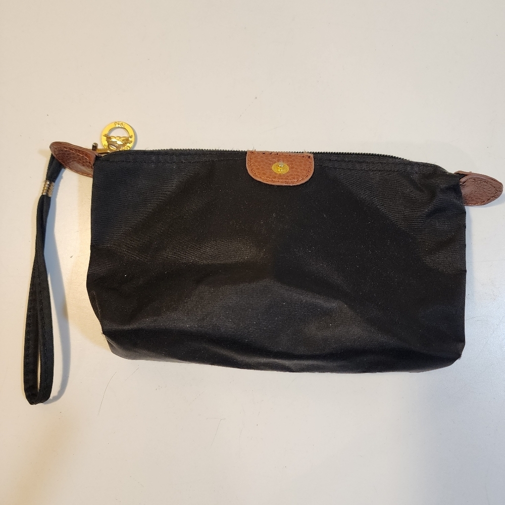 Black Nylon Cosmetic Pouch with Brown Leather Trim - Picture 2 of 10